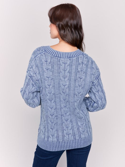 Denim Blue V Neck Cable Knit Sweater