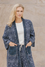 Load image into Gallery viewer, Navy Bandana Long Cardigan With Denim Trim
