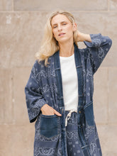 Load image into Gallery viewer, Navy Bandana Long Cardigan With Denim Trim
