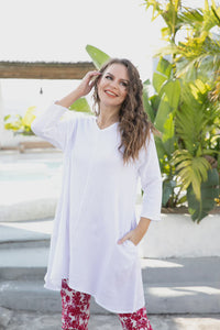 White Long V-Neck Gauze Dress/Tunic