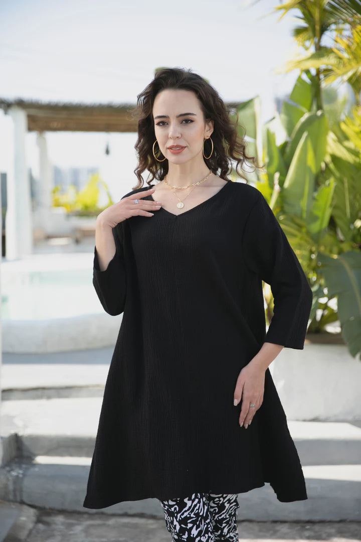 Black Long V-Neck Gauze Dress/Tunic