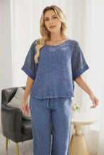 Load image into Gallery viewer, Cold Wash Linen &amp; Cotton Knit Sleeve Round Top in Navy
