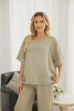 Load image into Gallery viewer, Cold Wash Linen &amp; Cotton Knit Sleeve Round Top in Military
