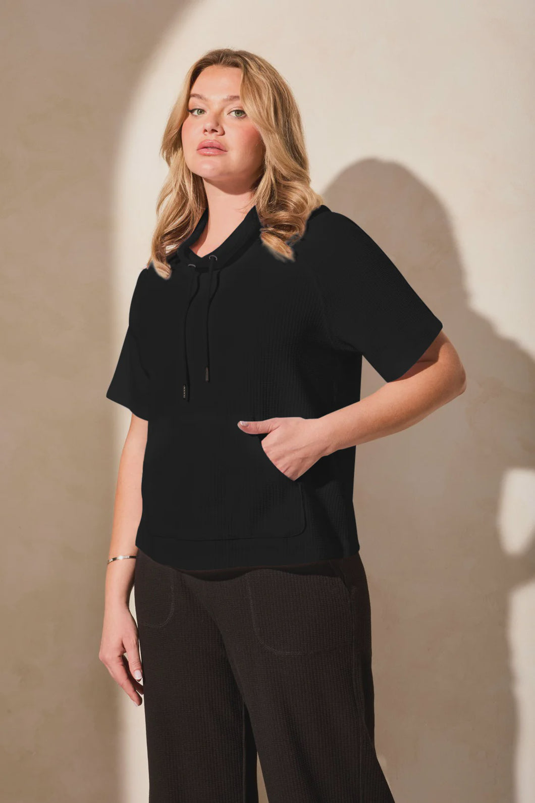 Size Inclusive Black Cotton Short Sleeve Funnel Neck