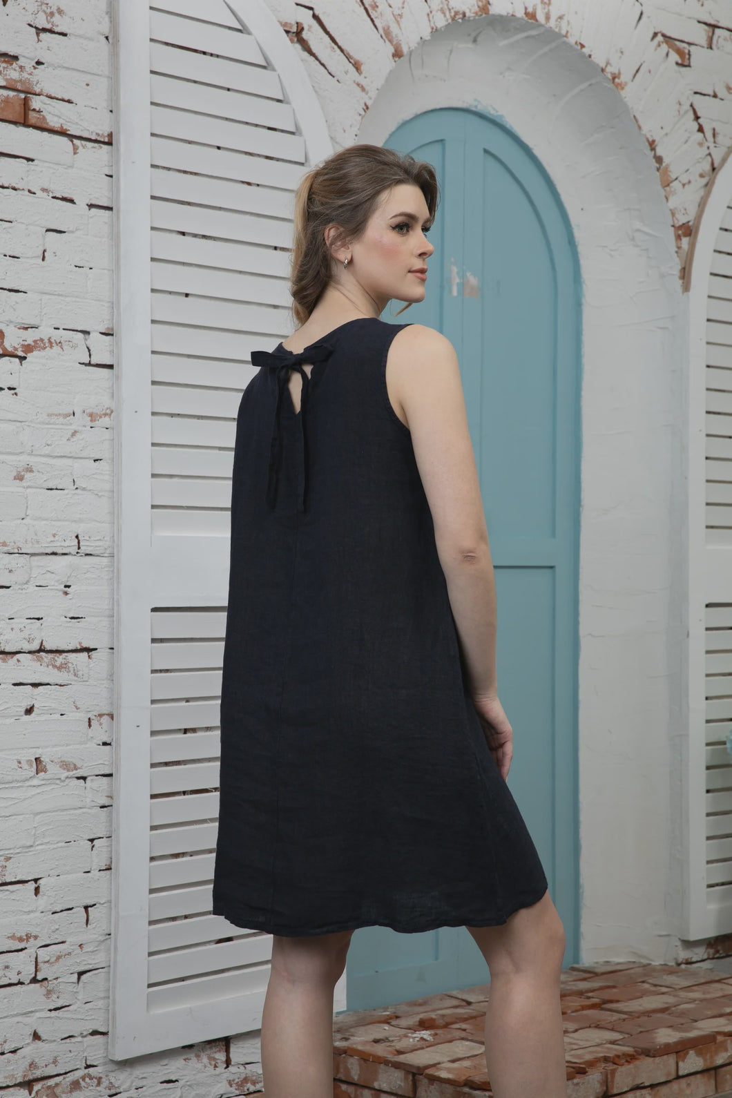 Sunlit Linen Bow Back Dress in Navy