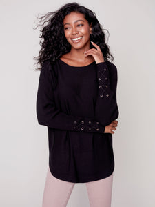 Black Knit Sweater With Lace Up Cuffs