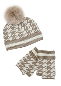 Knit Camel & White Houndstooth Scarf