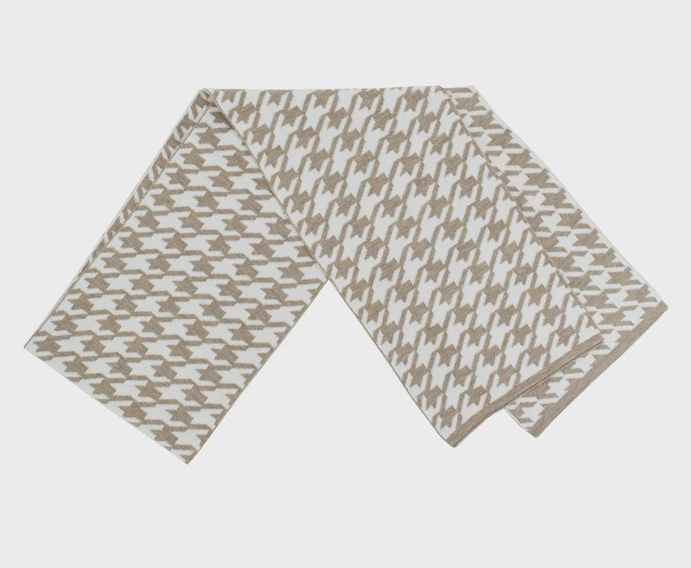 Knit Camel & White Houndstooth Scarf