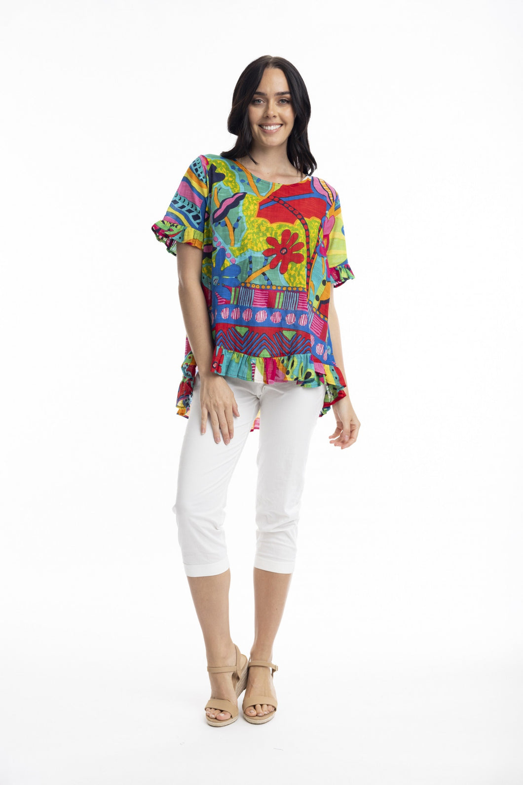 OT- Printed Frill High Low Blouse