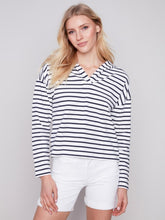 Load image into Gallery viewer, Hooded Navy Striped V-Neck Top
