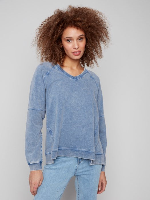Denim Blue Cold Dye French Terry V-Neck Top
