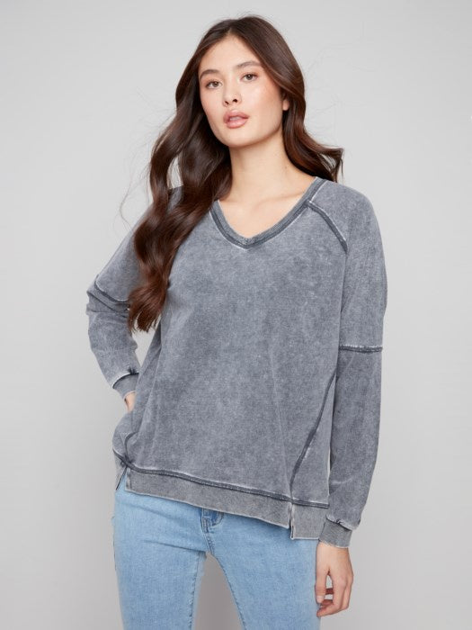 Charcoal Cold Dye French Terry V-Neck Top