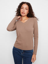 Load image into Gallery viewer, Taupe Tencel Rib V-Neck Long Sleeve Top
