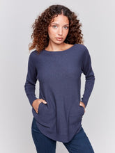 Load image into Gallery viewer, Denim Knit Sweater With Back Lace-Up Detail
