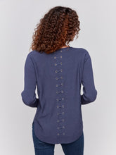 Load image into Gallery viewer, Denim Knit Sweater With Back Lace-Up Detail
