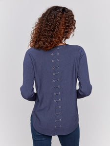 Denim Knit Sweater With Back Lace-Up Detail