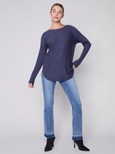 Load image into Gallery viewer, Denim Blue Knit Sweater with Back Lace-up Detail
