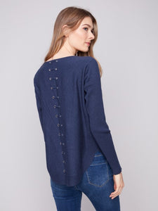 H.Denim Knit Sweater With Back Lace-Up Detail