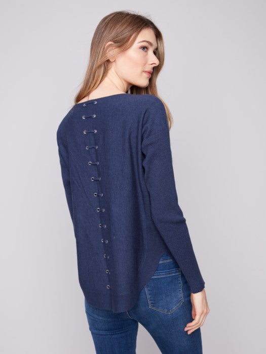 H.Denim Knit Sweater With Back Lace-Up Detail