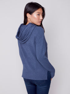 Denim Blue Hooded Sweater with Fringe Detail