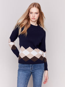 Marine Jacquard Knit Argyle Sweater