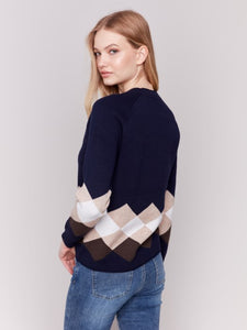 Marine Jacquard Knit Argyle Sweater