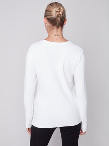 Cream V-Neck Sweater With Grommet Hem