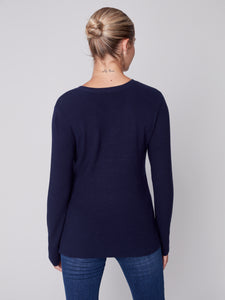 Navy V-Neck Sweater With Grommet Hem