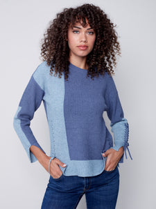 Denim Blue Color Block Sweater with Lacing Details