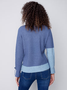 Denim Blue Color Block Sweater with Lacing Details