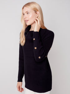 Black Cowl Neck Sweater with Button Detail