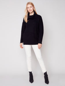 Black Cowl Neck Sweater with Button Detail