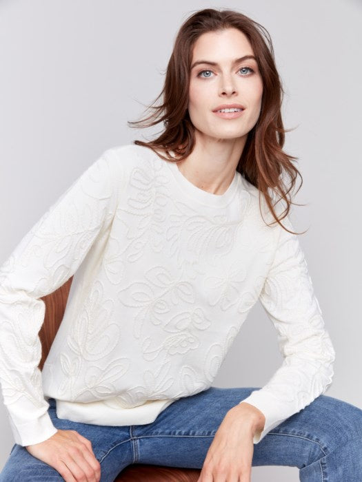 Ecru Embroidered Round Hem Sweater