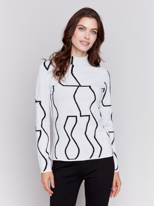 Black/Cream Reversible Jacquard Mock Neck Sweater