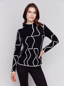 Black/Cream Reversible Jacquard Mock Neck Sweater