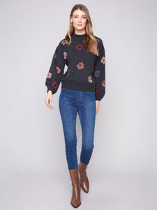 Mock Neck Sweater With Floral Embroidery
