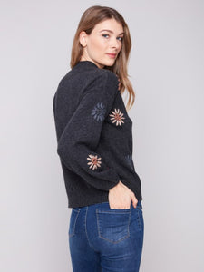Mock Neck Sweater With Floral Embroidery