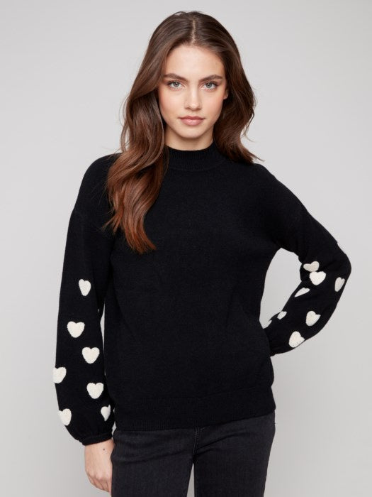 Mock Neck Sweater With Embroidered Hearts