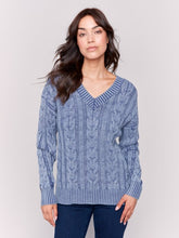 Load image into Gallery viewer, Denim Blue V-Neck Cable Knit Sweater
