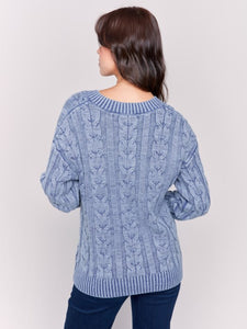 Denim Blue V-Neck Cable Knit Sweater