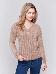 Truffle V-Neck Cable Knit Sweater