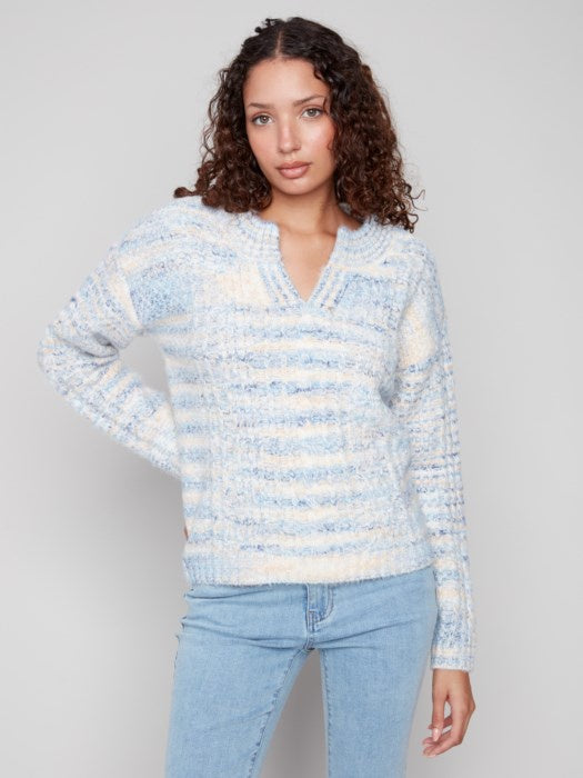 Denim Notch Neck Cable Knit Sweater