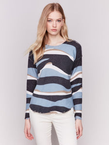 CB- Denim Reversible Printed Plush Sweater with Frayed Edge