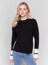 Load image into Gallery viewer, Black &amp; White Crew Neck Sweater with Side Slit
