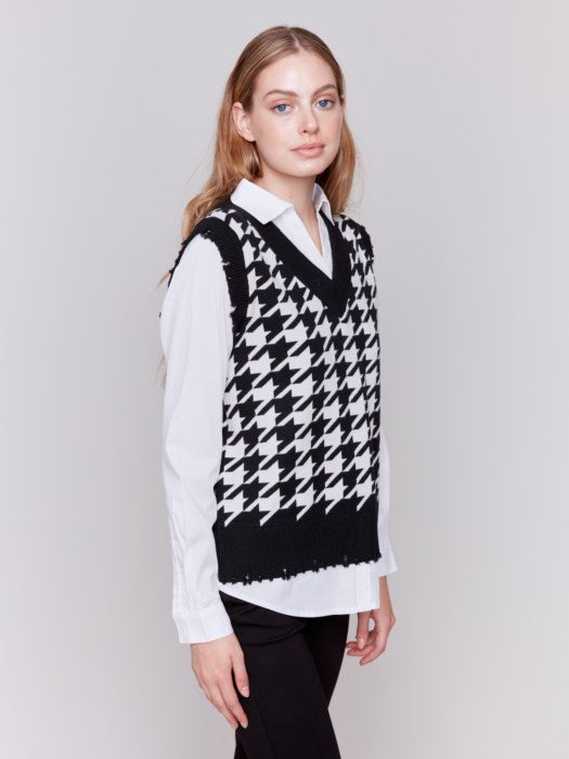 Houndstooth Fooler Vest With Shirt Collar