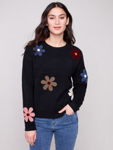 Load image into Gallery viewer, Black Plush Sweater with Boucle Flowers
