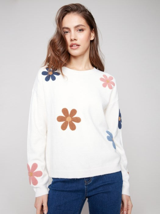 Ecru Plush Sweater with Boucle Flowers