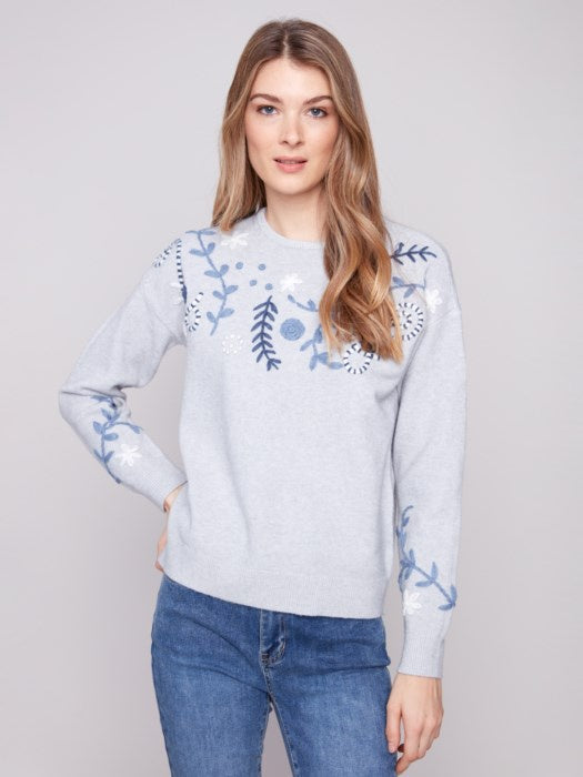 H. Grey Embroidered Crew Neck Sweater