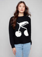Load image into Gallery viewer, Black &amp; White Cherry Fuzzy Drop Shoulder Sweater
