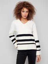 Load image into Gallery viewer, Ecru Striped Wide Cuff V-Neck Sweater With Side Buttons
